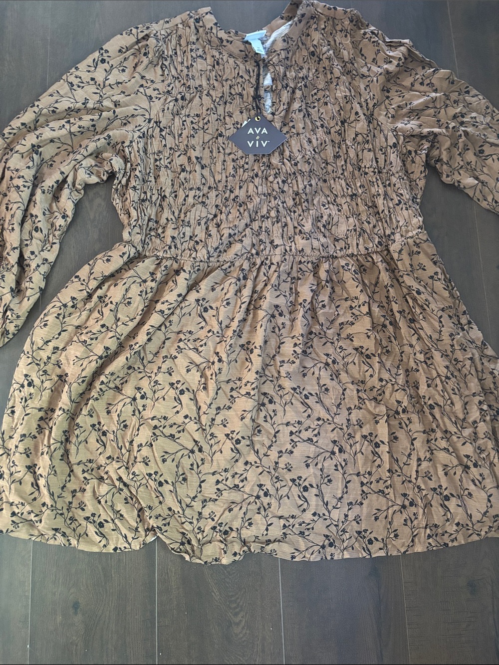 Ava & Viv Tan Brown Floral Smocked Peasant Dress